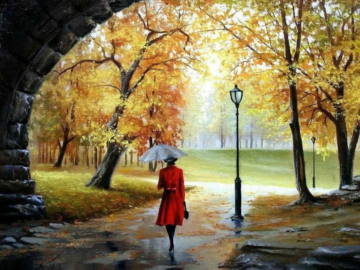 Замечательная прогулка. Осенняя грусть. Осень в городе. Дождливая осень в парке. Картина осень.