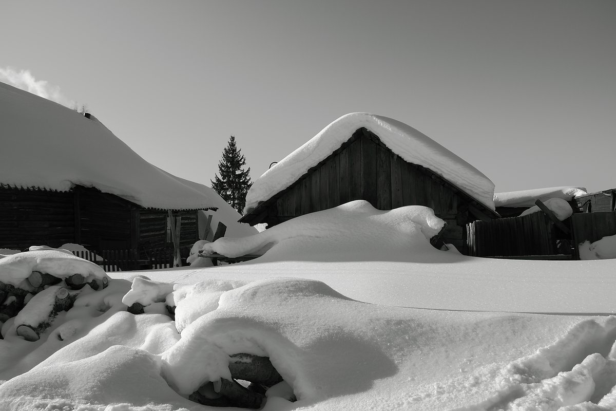 Засыпаны снегом ели. Зимняя деревня. Заснеженные крыши домов. Деревня зимой. Домик зимой.