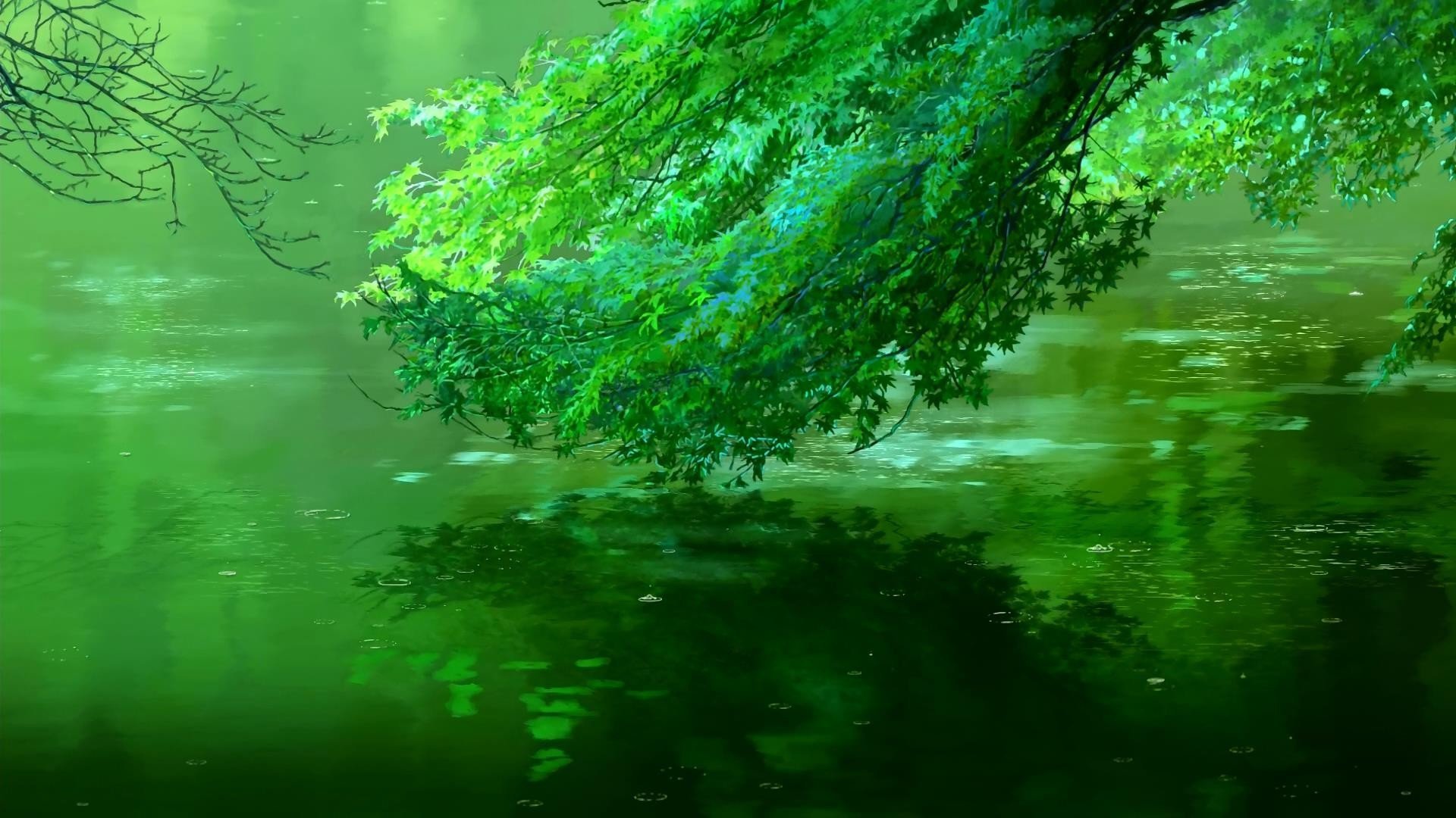 Дождь живая природа. Сад изящных слов" Макото Синкая. Пейзаж в зеленых тонах.