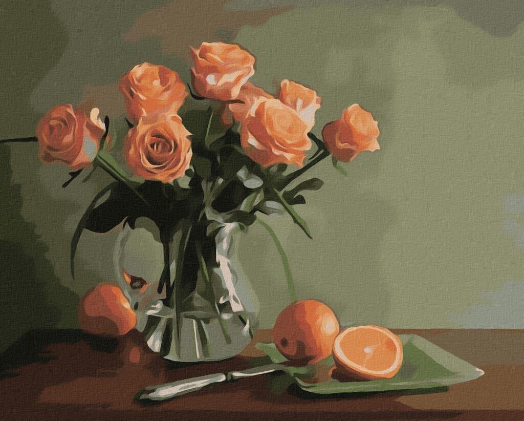 Оранжевые розы в вазе. Натюрморт: цветы. Натюрморт с цветами. Красивые цветы в вазе. Натюрморт - цветы в вазе.