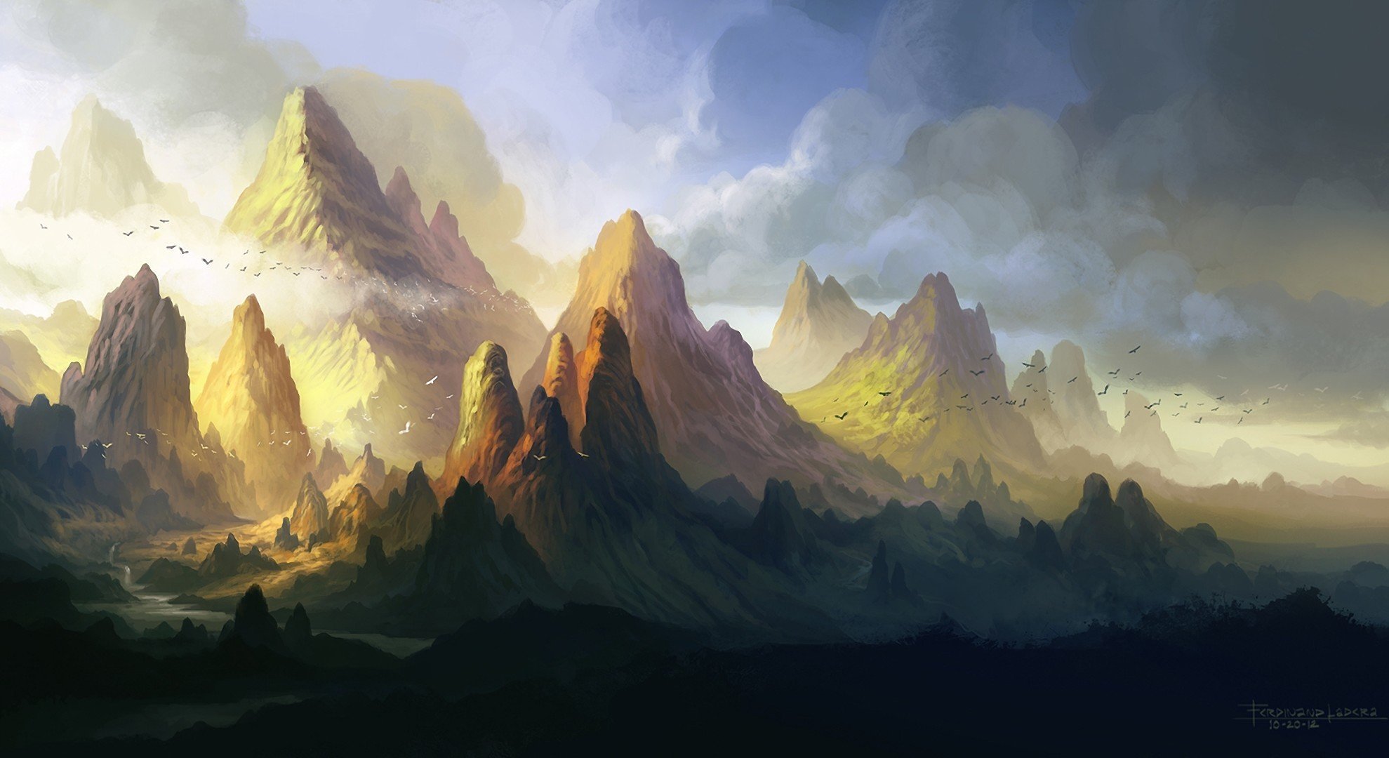 Эх гори. Ferdinand Ladera художник. Горная гряда фэнтези арт. Фэнтези пейзажи. Сказочные горы.