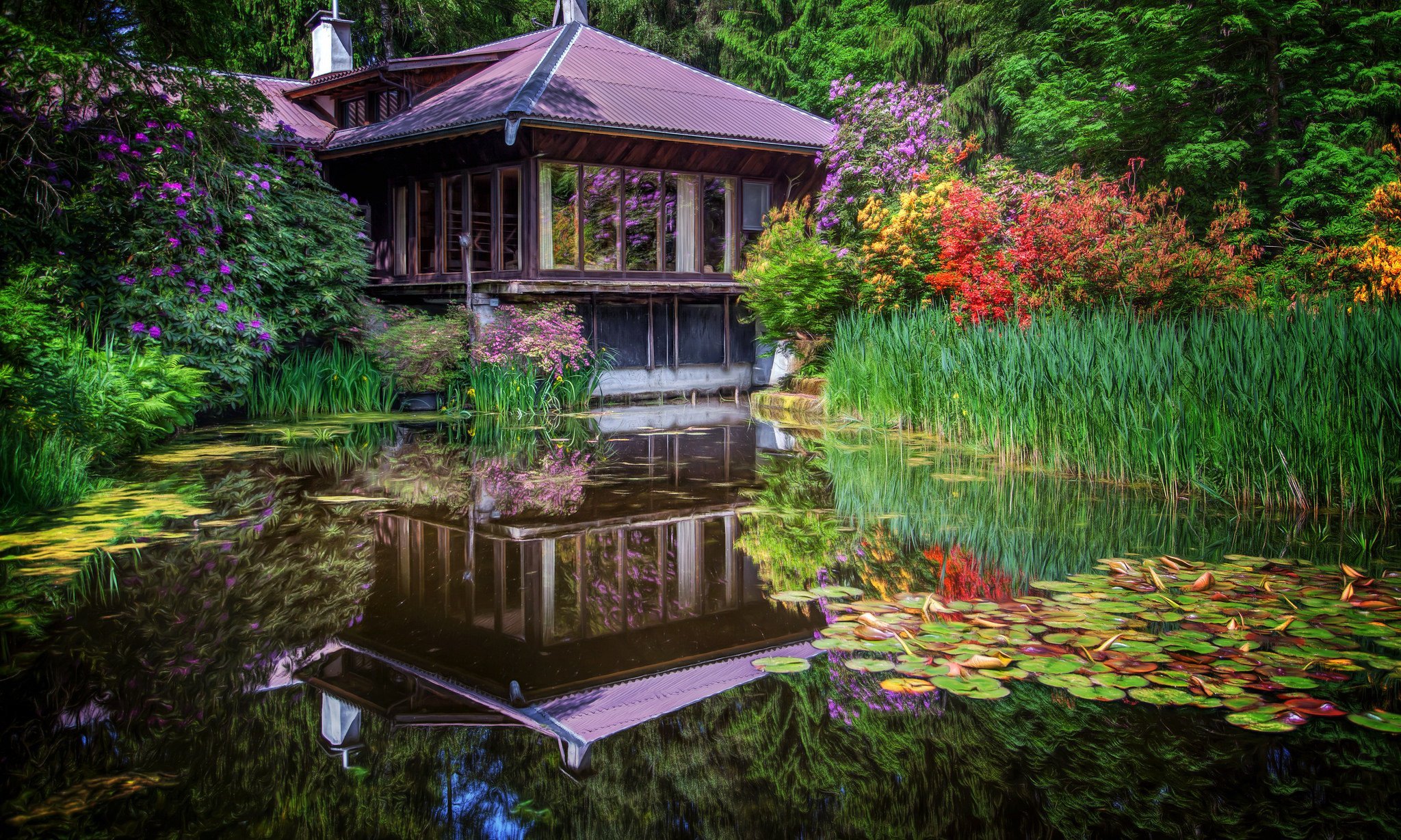 Японская усадьба с прудиком. Домик у пруда. Японский сад. Красивые домики на природе.