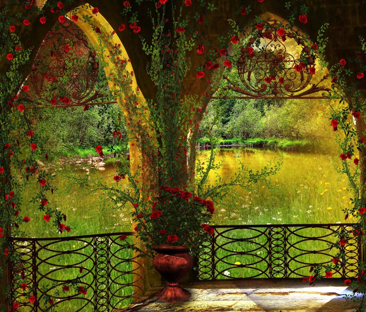 Сказочная беседка в саду. Сказочный фон. Цветочная арка. Сказочная арка.